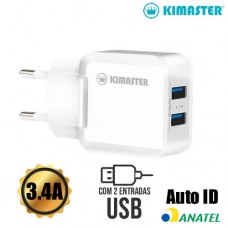 Carregador de Tomada Universal 2 USB 3.4A Auto-ID Kimaster - TO350X Branco